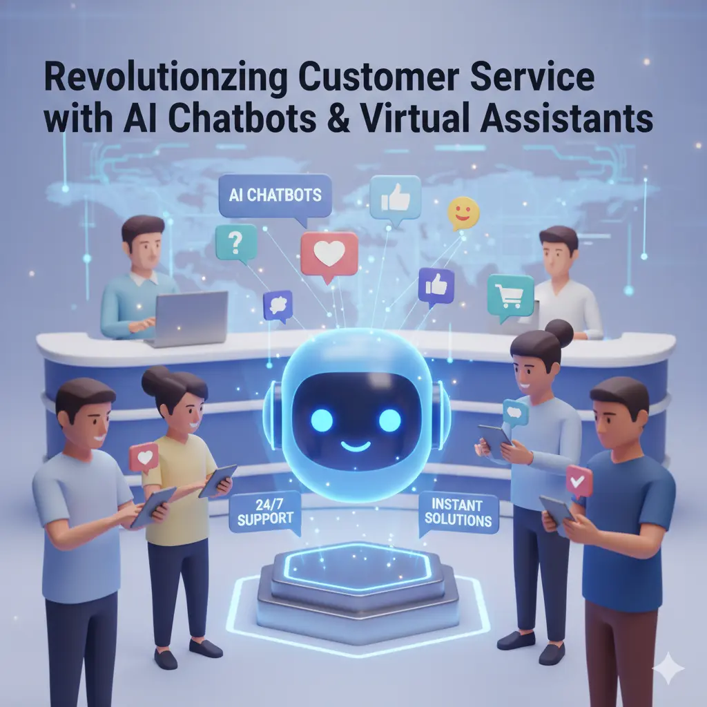 generate 3d image for my blog banner on topic:"1. Revolutionizing Customer Service with AI Chatbots & Virtual Assistants"  